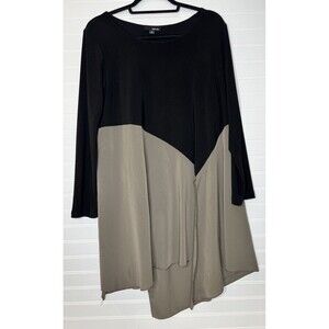 Sun Kim Shirt Sz M Lagenlook Colorblock Blouse Tunic Length USA Made Olive Black